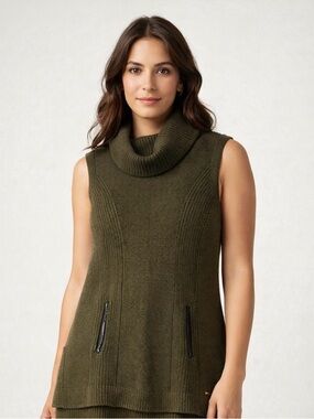 Tommy Hilfiger Olive Sleeveless Cowl-neck Sweater Kangaroo Pockets Sz M EUC Y2K